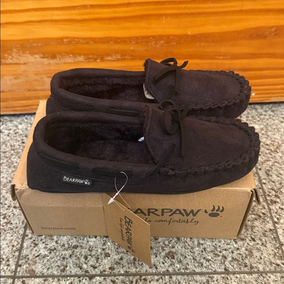 BearPaw Dark Suede Moccasin Slippers - Picture 1 of 8
